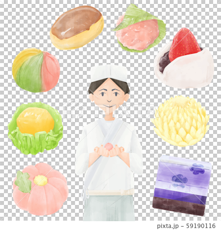 和菓子と和菓子職人のイラスト素材