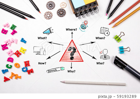 Communication, Question mark with question words. Learning, searching, content and business concept Communication, Question mark with question words. Learning, searching, content and business concept 59193289