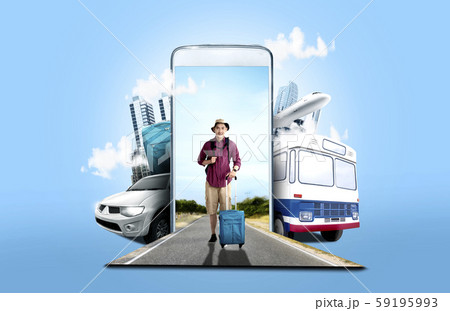 Asian man in hat with suitcase bag and backpack Asian man in hat with suitcase bag and backpack 59195993