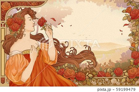 Mucha Goddess Holding Rosesのイラスト素材