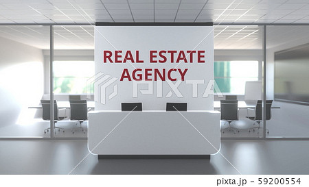 Office with meeting room and reception desk af a real estate agency, conceptual 3D rendering 59200554