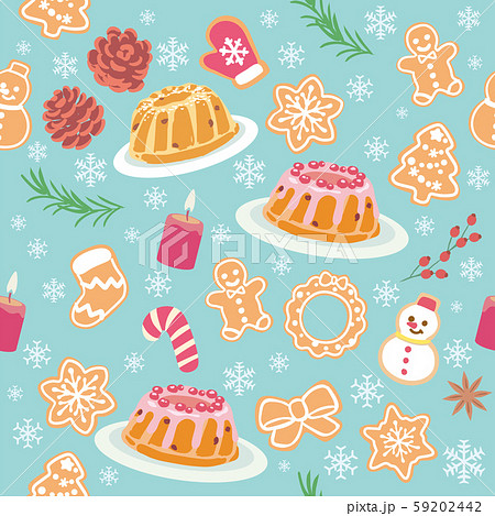 クリスマスのパターン素材。クグロフ、クッキーなどクリスマスのスイーツ。 クリスマスのパターン素材。クグロフ、クッキーなどクリスマスのスイーツ。 59202442