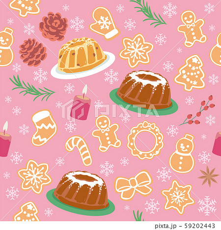 クリスマスのパターン素材。クグロフ、クッキーなどクリスマスのスイーツ。 クリスマスのパターン素材。クグロフ、クッキーなどクリスマスのスイーツ。 59202443