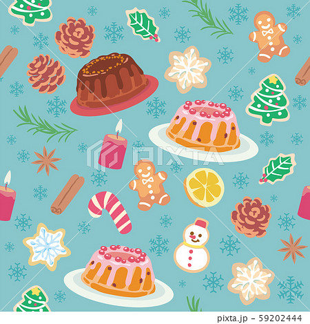 クリスマスのパターン素材。クグロフ、クッキーなどクリスマスのスイーツ。 クリスマスのパターン素材。クグロフ、クッキーなどクリスマスのスイーツ。 59202444