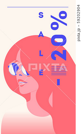 Vector fashion portrait of a model girl. Retro trendy coral color stories template. Sale Banner 20 59202904