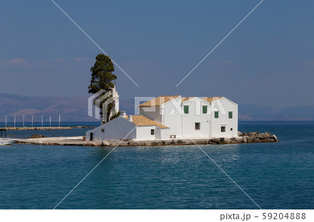 Vlaherna monastery, Corfu Island, Greece. A popular showplace in the Ionian Sea. Close-up. Vlaherna monastery, Corfu Island, Greece. A popular showplace in the Ionian Sea. Close-up. 59204888