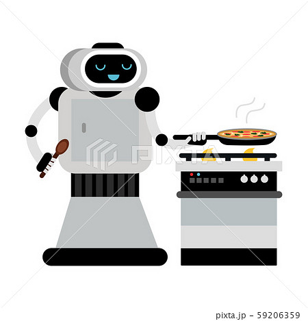 Cute robot home assistant cooks in a pan. Vector illustration. 59206359