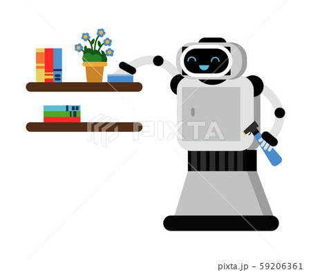 Cute robot home helper wipes the dust. Vector illustration. Cute robot home helper wipes the dust. Vector illustration. 59206361