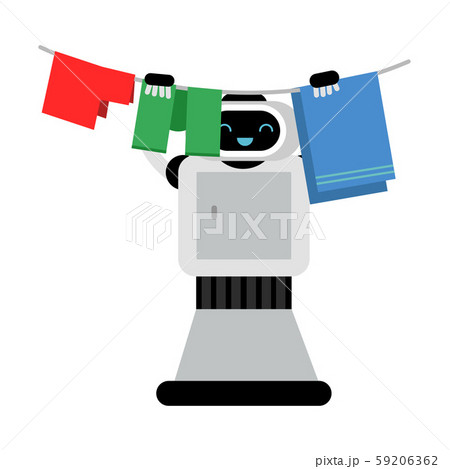 Cute robot home assistant hangs up laundry. Vector illustration. Cute robot home assistant hangs up laundry. Vector illustration. 59206362