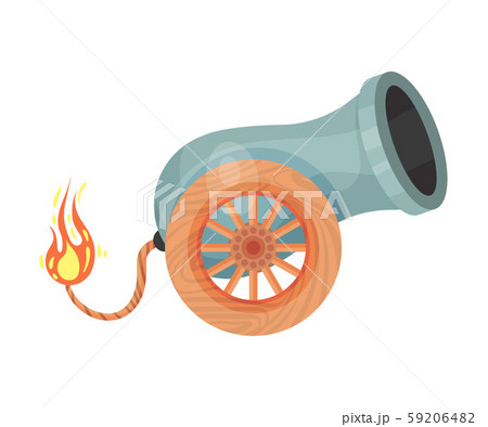 Antique gray cannon with a burning wick. Vector illustration on a white background. Antique gray cannon with a burning wick. Vector illustration on a white background. 59206482