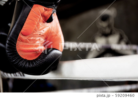Boxing gloves hanging on boxing ring. Boxing gloves hanging on boxing ring. 59209460