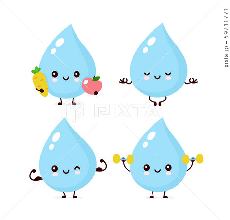 Cute Smiling Happy Water Drop Healthy Fitness Setのイラスト素材