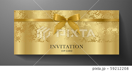 Luxurious VIP Invitation template with gold blow, ribbon on golden textured background. Premium class design for Gift certificate, Voucher, Gift card  59212208