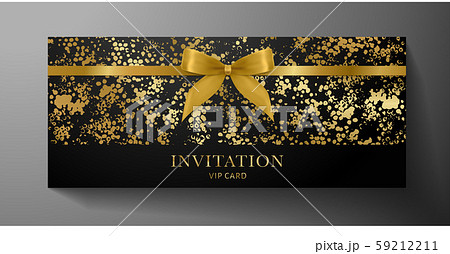 Luxurious VIP Invitation template with gold blow, ribbon on black textured background. Premium class design for Gift certificate, Voucher, Gift card Luxurious VIP Invitation template with gold blow, ribbon on black textured background. Premium class design for Gift certificate, Voucher, Gift card 59212211