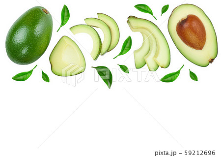 avocado and slices decorated with green leaves isolated on white background with copy space for your 59212696