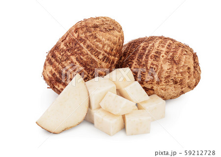 fresh taro root with slices isolated on white background fresh taro root with slices isolated on white background 59212728