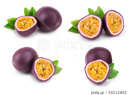 Set or collection whole passion fruits and a half with leaves isolated on white background. Isolated 59212802