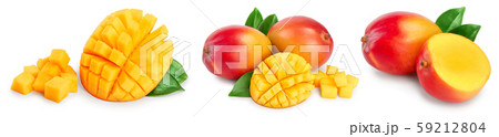 Mango fruit half with leaves and slices isolated on white background close-up. Set or collection 59212804