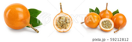 Granadilla or yellow passion fruit with leaf isolated on white background. Set or collection Granadilla or yellow passion fruit with leaf isolated on white background. Set or collection 59212812