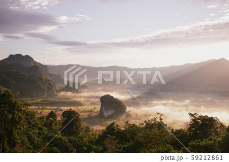 Landscape. Beautiful sunrise at Phu Lang Ka, Phayao in Thailand. 59212861