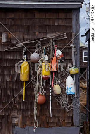 Lobster buoys hanging on a wooden barn wall 59213367