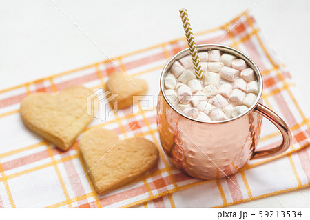 Cocoa on and heart cookies, Valentines Day template 59213534