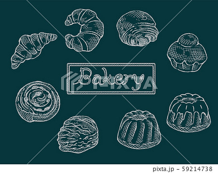 パン素材のセット フランスの菓子パン ブラックボード風のイラスト素材