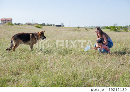 Beautiful woman plays with german Shepherd dog on walk 59215189