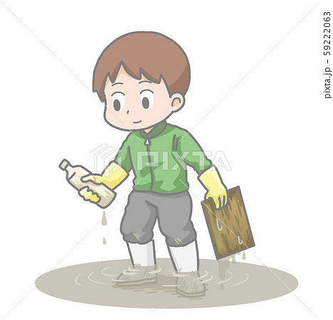 濡れたゴミを拾う男性のイラストのイラスト素材