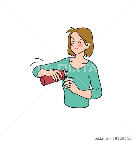 魔法瓶から飲み物を注ぐ女性のイラスト素材