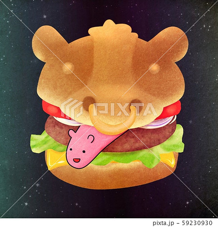 宇宙モチーフ牛タンバーガー ハンバーガー トマト 玉ねぎ レタス チーズ のイラスト素材