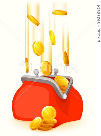 Gold coins falling in open retro purse. Flat style. 59233514