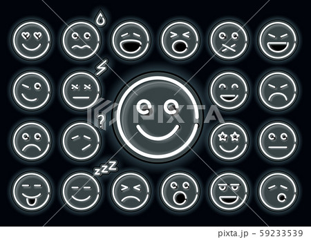 Neon emotions set. Glowing emoji isolated on black background. 59233539