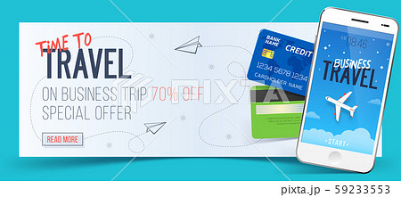 Business trip banner with smartphone and credit cards. Business trip banner with smartphone and credit cards. 59233553