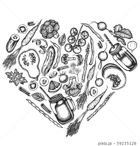 Heart design with black and white lemons, broccoli, radish, green beans, cherry tomatoes, beet Heart design with black and white lemons, broccoli, radish, green beans, cherry tomatoes, beet 59235126