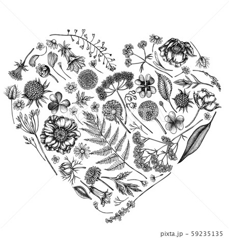 Heart floral design with black and white shepherd's purse, heather, fern, wild garlic, clover 59235135