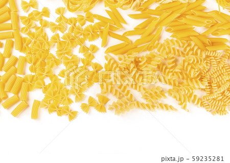 Italian pasta texture, flat lay banner, shot from the top on a white background with a place for Italian pasta texture, flat lay banner, shot from the top on a white background with a place for 59235281