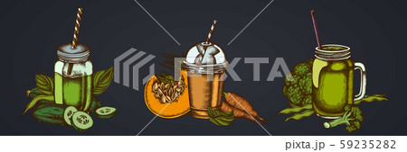 Smothie sets of broccoli, green beans, carrot, calendula, pumpkin, smoothie cup, smothie jars Smothie sets of broccoli, green beans, carrot, calendula, pumpkin, smoothie cup, smothie jars 59235282