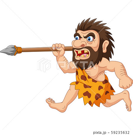 Cartoon Caveman Hunting With Spearのイラスト素材