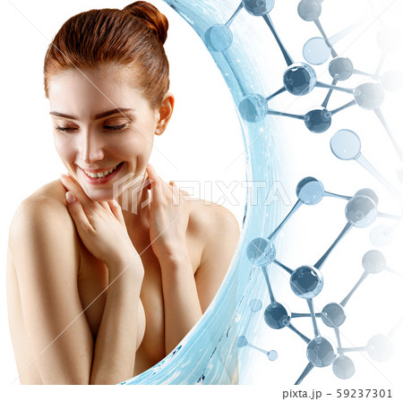Young woman cover breasts among glassy molecules and water splash. Young woman cover breasts among glassy molecules and water splash. 59237301