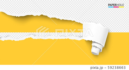 Vector bright banner of torn paper scroll and hole on transparent background for sale ad revealing 59238663