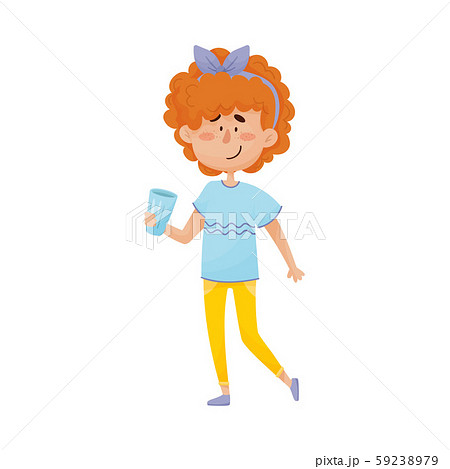 Young Red-haired Girl Character Standing and Drinking Still Water From Glass Vector Illustration 59238979