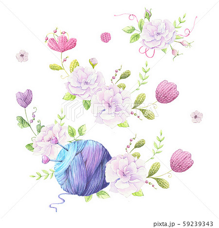 Watercolor illustration of a wreath of a bouquet of wild roses of pale pink color and accessories 59239343