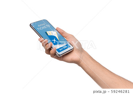 Smartphone with airline tickets app in male hand 59246281