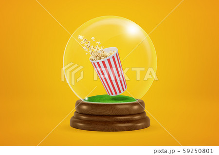 3d rendering of christmas snow globe with popcorn bucket inside on yellow background 3d rendering of christmas snow globe with popcorn bucket inside on yellow background 59250801