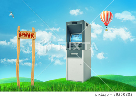 3d rendering of ATM machine and 'Bank' sign on green grass background with hot air balloon in the 3d rendering of ATM machine and 'Bank' sign on green grass background with hot air balloon in the 59250803