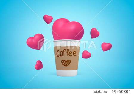 3d rendering of paper coffee cup with pink hearts on blue background. 3d rendering of paper coffee cup with pink hearts on blue background. 59250804