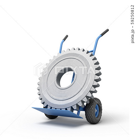 3d rendering of big grey wheel gear on blue hand truck 59250812