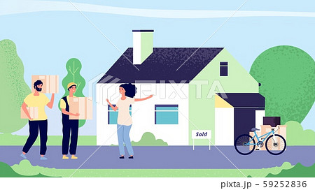 Girl moves new house. Woman moves with loaders, collect supplies in boxes. Flat young girl bought Girl moves new house. Woman moves with loaders, collect supplies in boxes. Flat young girl bought 59252836