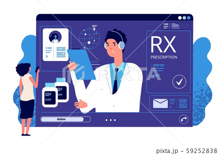 RX prescription online. Medical app, online prescription. Vector doctor, patient, painkiller RX prescription online. Medical app, online prescription. Vector doctor, patient, painkiller 59252838